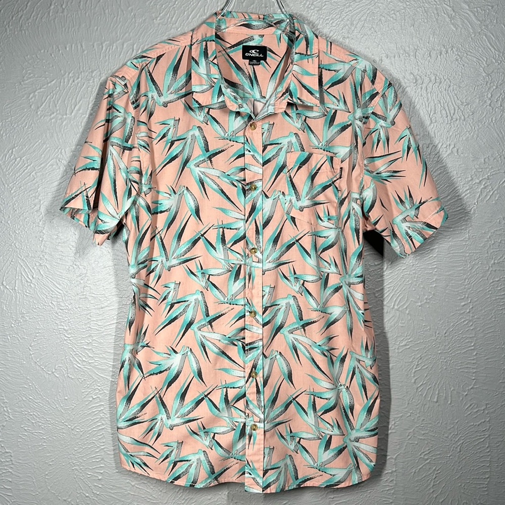 O'Neill Pastel Pink Tropical Plant Print Button Up Short Sleeve Shirt Si…